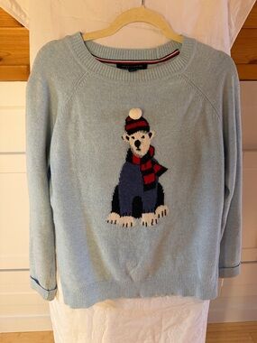 Tommy Hilfiger Light Blue Polar Bear Knit Crewneck Sweater with Red Accent
